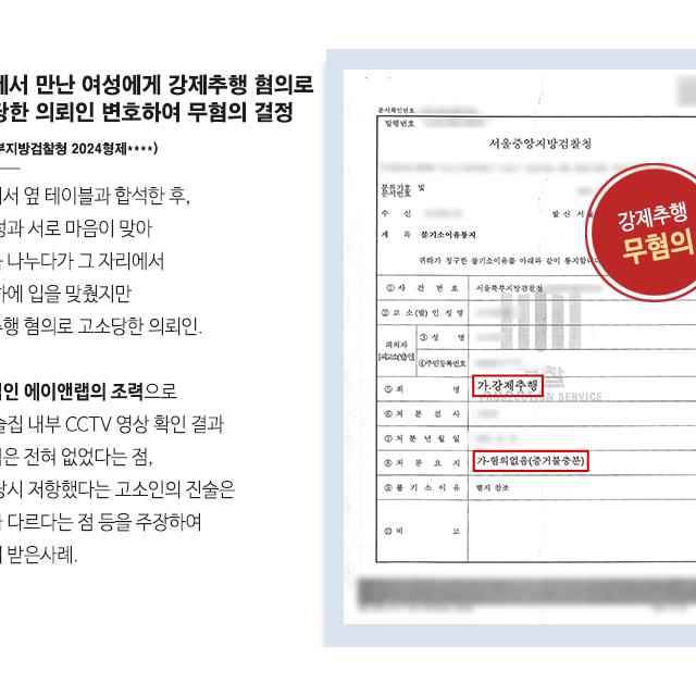 술집에서 만난 여성에게 강제추행 혐의로 고소당한 의뢰인 변호하여 무혐의 결정
